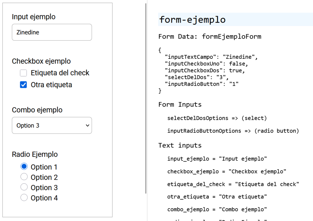 Formulario ejemplo después de asignar los valores