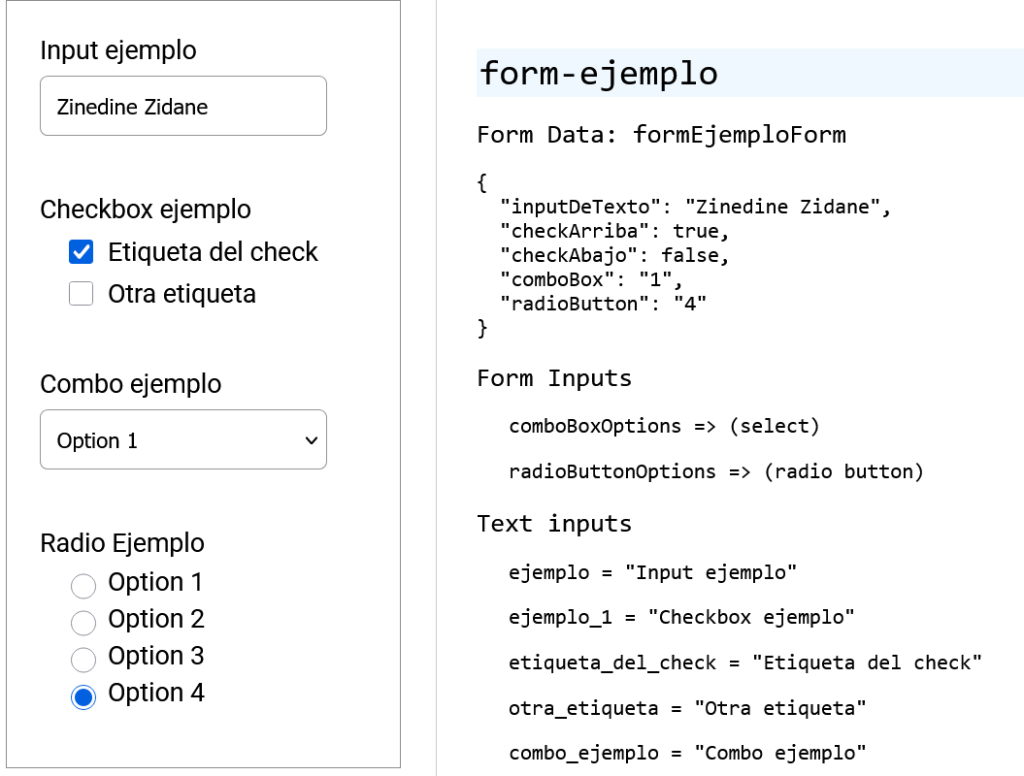 Formulario ejemplo después de asignar los valores