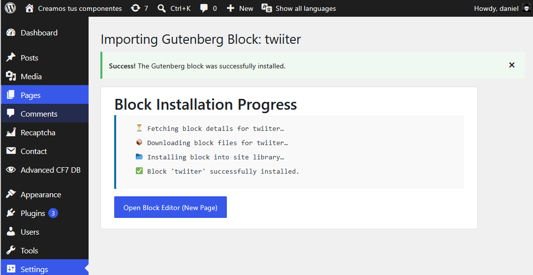 The tagged block has been installed and is ready to use