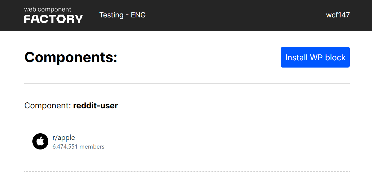 Web Components Factory screen for WordPress Plugin
