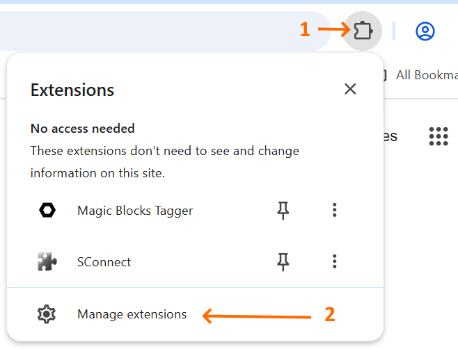 Selecting "manage extensions" in Chrome browser